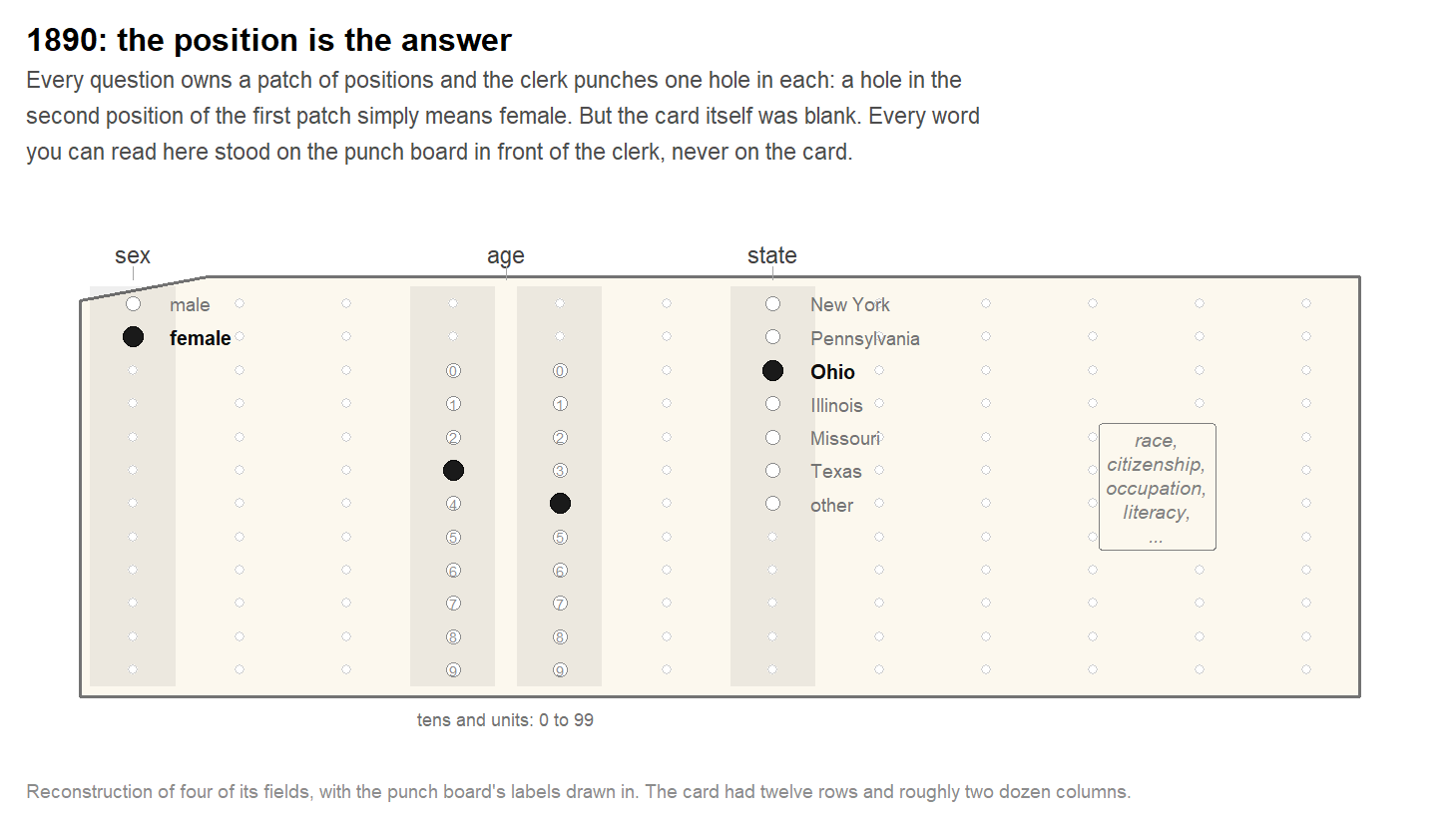 A card from the 1890 census, reconstructed with the punch board's labels drawn onto it. Every question owns a patch of positions and one hole is punched in each, so the position is the answer. Age is the exception, and the reason nobody on such a card can be older than 99.