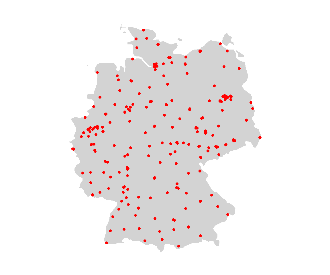 All 248 donation venues as red dots on an outline of Germany; they crowd around the larger cities.