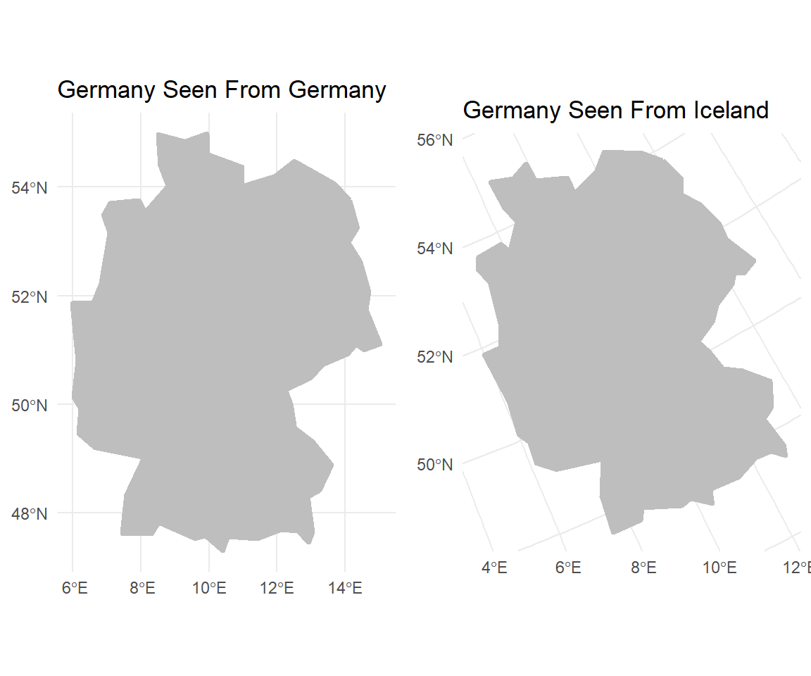 Germany in WGS 84 on the left and in a CRS made for Iceland on the right; the same country, differently bent.