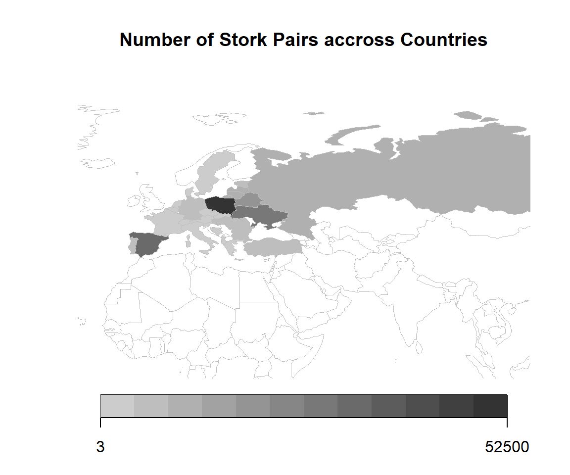 Stork pairs per country across Eurasia; darker countries hold more pairs, and that spread is what variance measures.